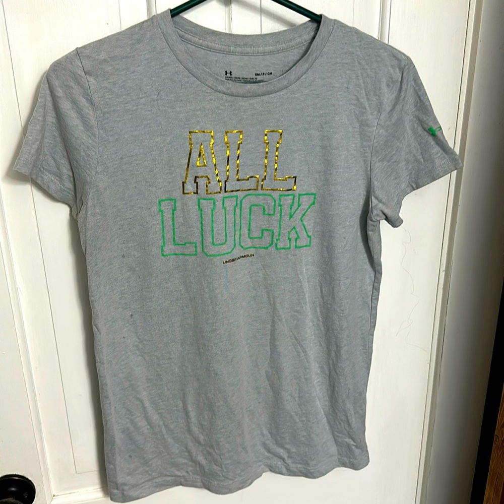 Under Armour All Luck Graphic T-Shirt Gray Green Gold Women’s Size S